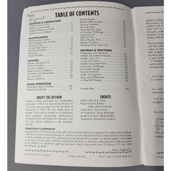 Inside-Out Math Problems Grade 5 Marcia Dana Workbook Instructional Fair PB Book - Picture 2 of 14